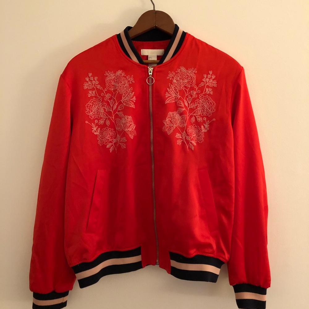 RED SATIN EMBROIDERED BOMBER JACKET